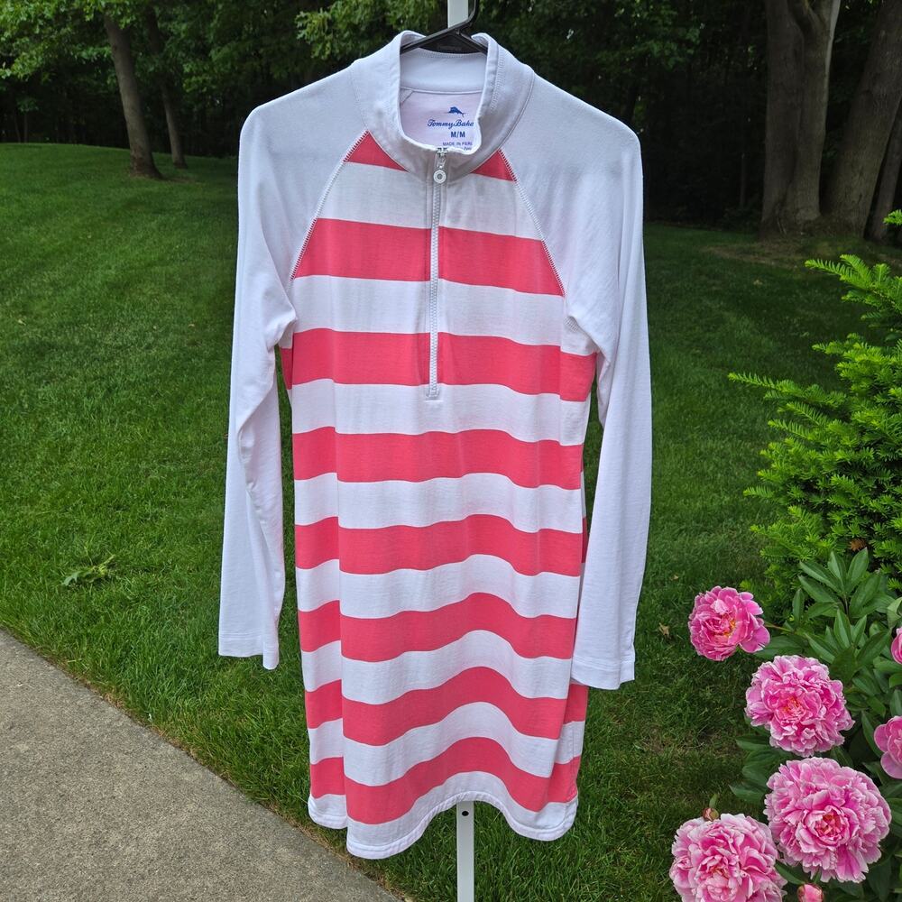 Tommy Bahama Rugby Stripe Dress Pink 1/4 Zip Coastal Athleisure size Medium